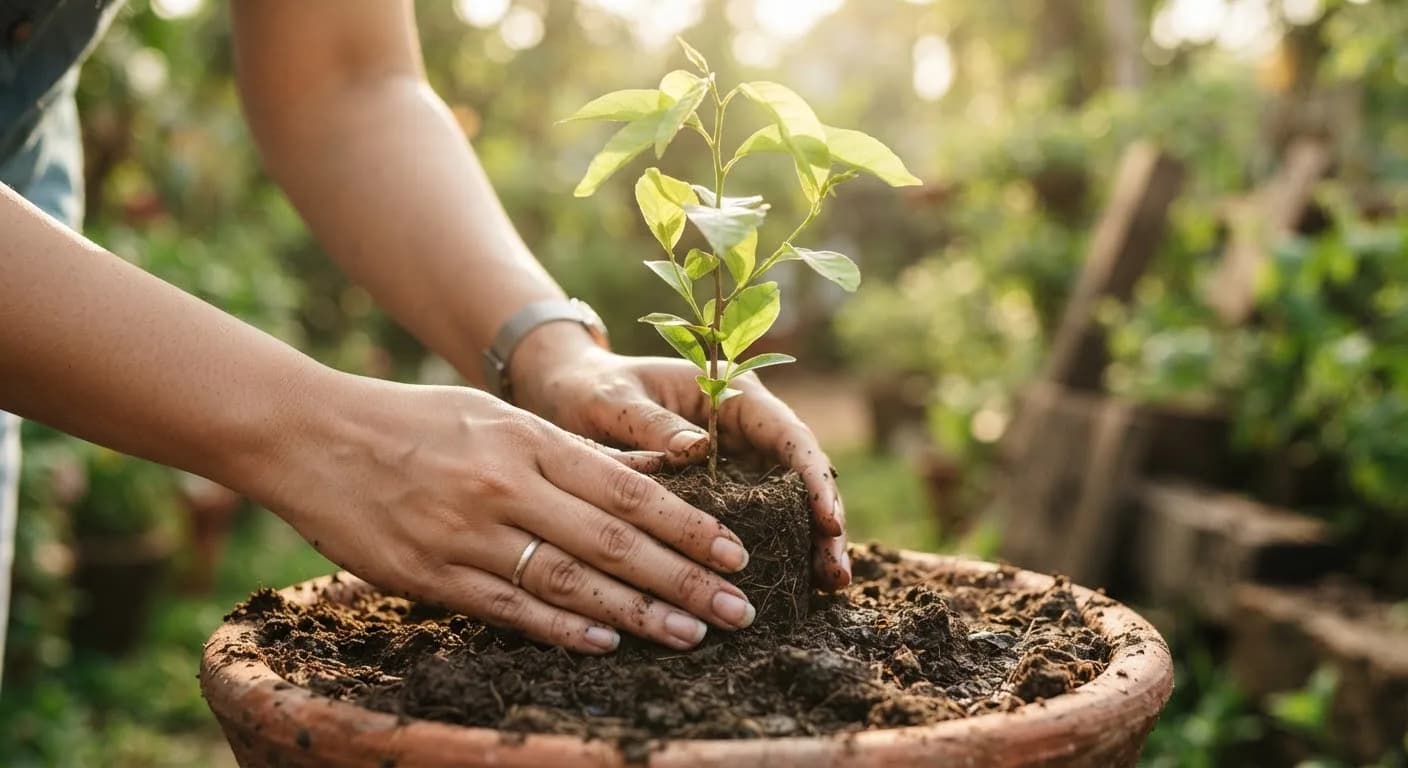 Hands planting a sapling
