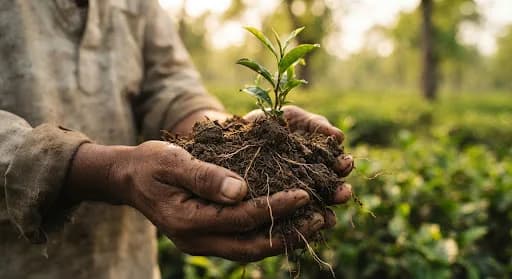 Rich Assamese soil with sapling roots
