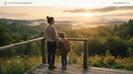 Family looking at a healthy forest at sunrise